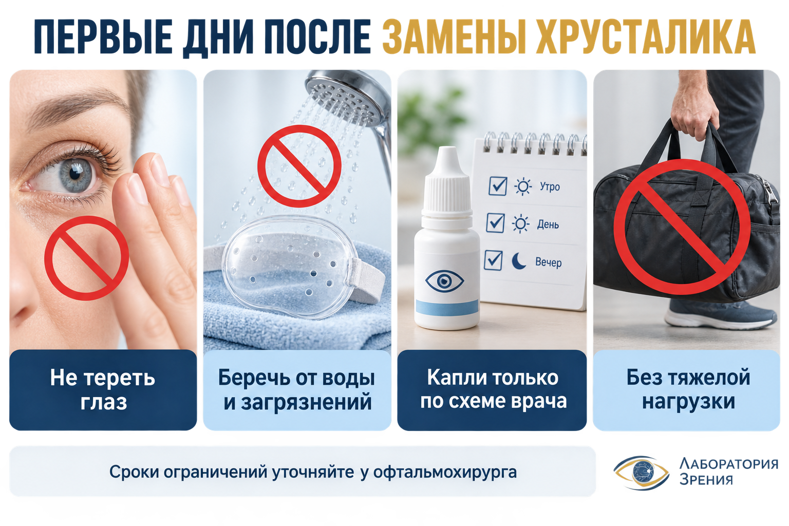 Основные ограничения в первые дни после замены хрусталика