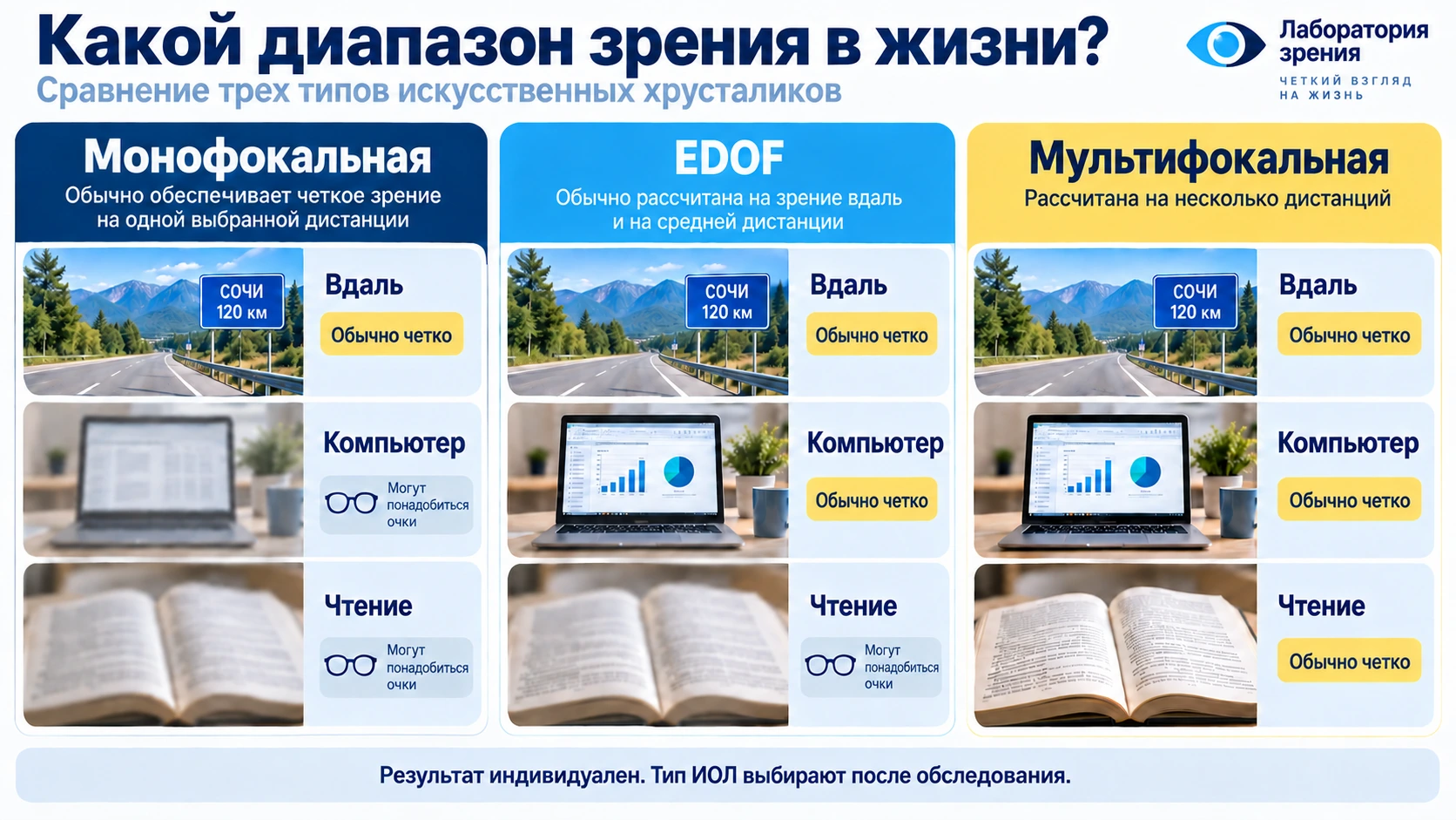Как разные типы ИОЛ связаны со зрением вдаль, за компьютером и при чтении